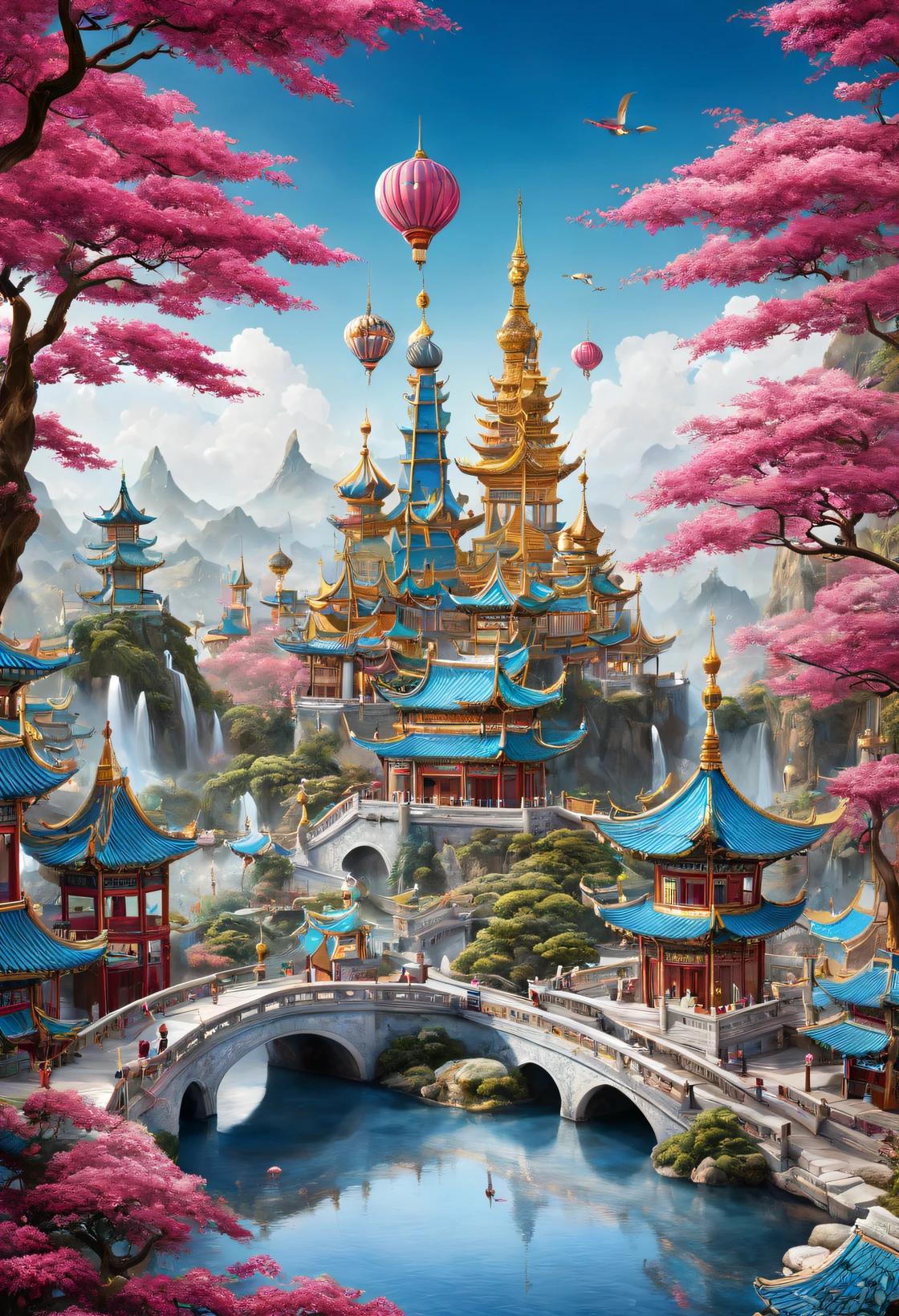 （Very unified CG design），（Poster design）， (cloisonne theme park poster），（）Poster with text China Cloisonné Theme Park），dreamland dreamland，ultra-realistic realism，Asymmetrical balance ，( magenta ）Carmine＋( blue white colors ）Blue-cyan＋( tin foil gold ）golden colored，