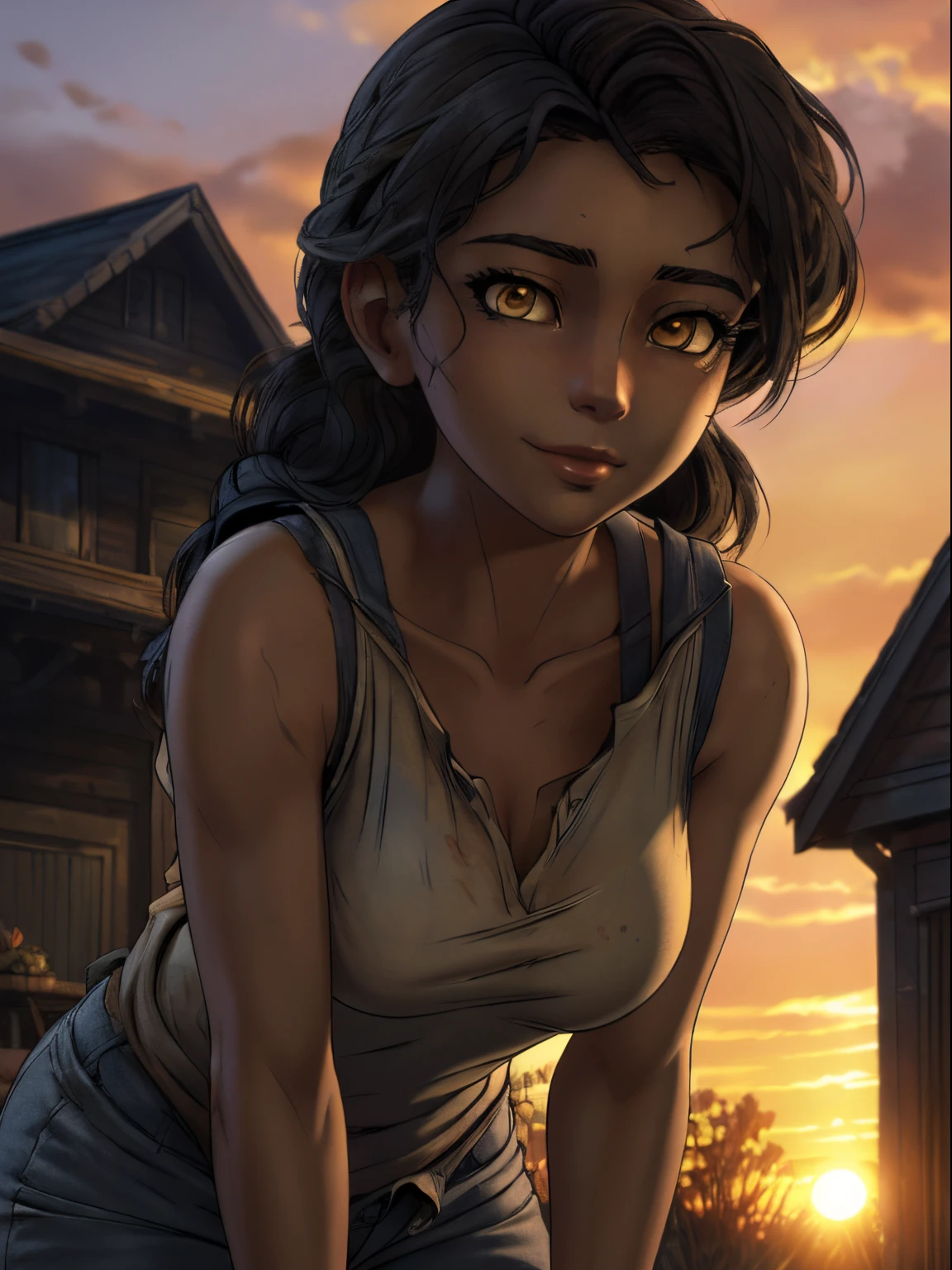 ((ultra quality)), ((tmasterpiece)), Clementine from the walking dead, ((Black, hairlong)) (Beautiful cute face), (beautiful female lips), Charming, ((aroused expression)), looks at the camera with a gentle smile, eyes are slightly closed, (skin color dark), Body glare, ((detailed beautiful female eyes)), ((dark yellow eyes)), (juicy female lips), (beautiful female hands), ((perfect female figure)), perfect female body, Beautiful waist, gorgeous big thighs, beautiful breasts, ((Subtle and beautiful)), stands, (close-up of the face), (wearing blue jeans, gray sleeveless tank) background: country house, backyard, evening, Beautiful sunset, ((Depth of field)), ((high quality clear image)), (crisp details), ((higly detailed)), Realistic, Professional Photo Session, ((Clear Focus)), the anime