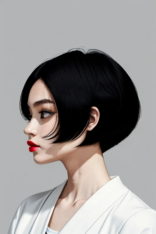 a 1girl, body complet, very detail, a lot of details, very extremely beautiful,  ((tmasterpiece, minimalism)), (bob black short Hair), (modern unique japanese style), bright colours, looks into the distance, bold lips