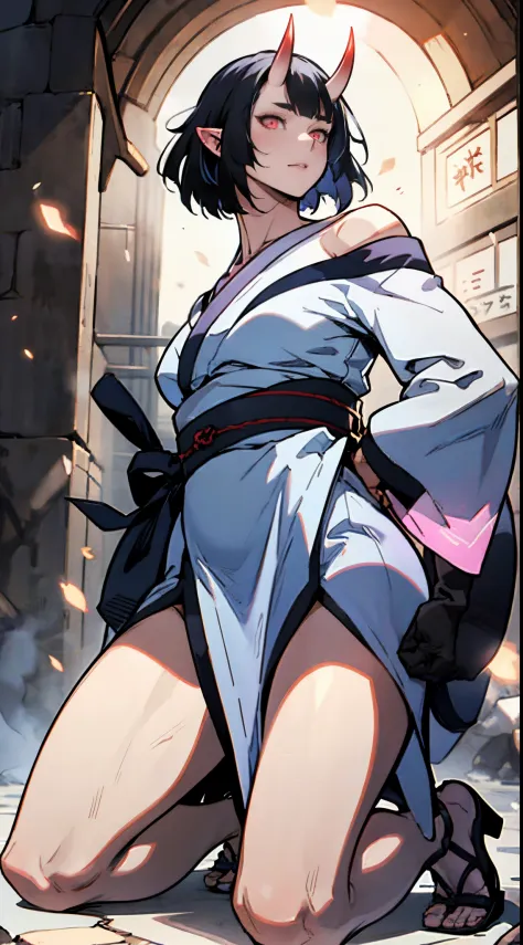 Masterpiece , highlydetailed, Hyperrealistic, fullbodyshot of Haryuu , short black hair, red glowing eyes, oni horns, kimono off shoulder showing clivage, kneeling down and looking upward, facing viewer, perfect hands, good hands, hand on hip, perfect face...