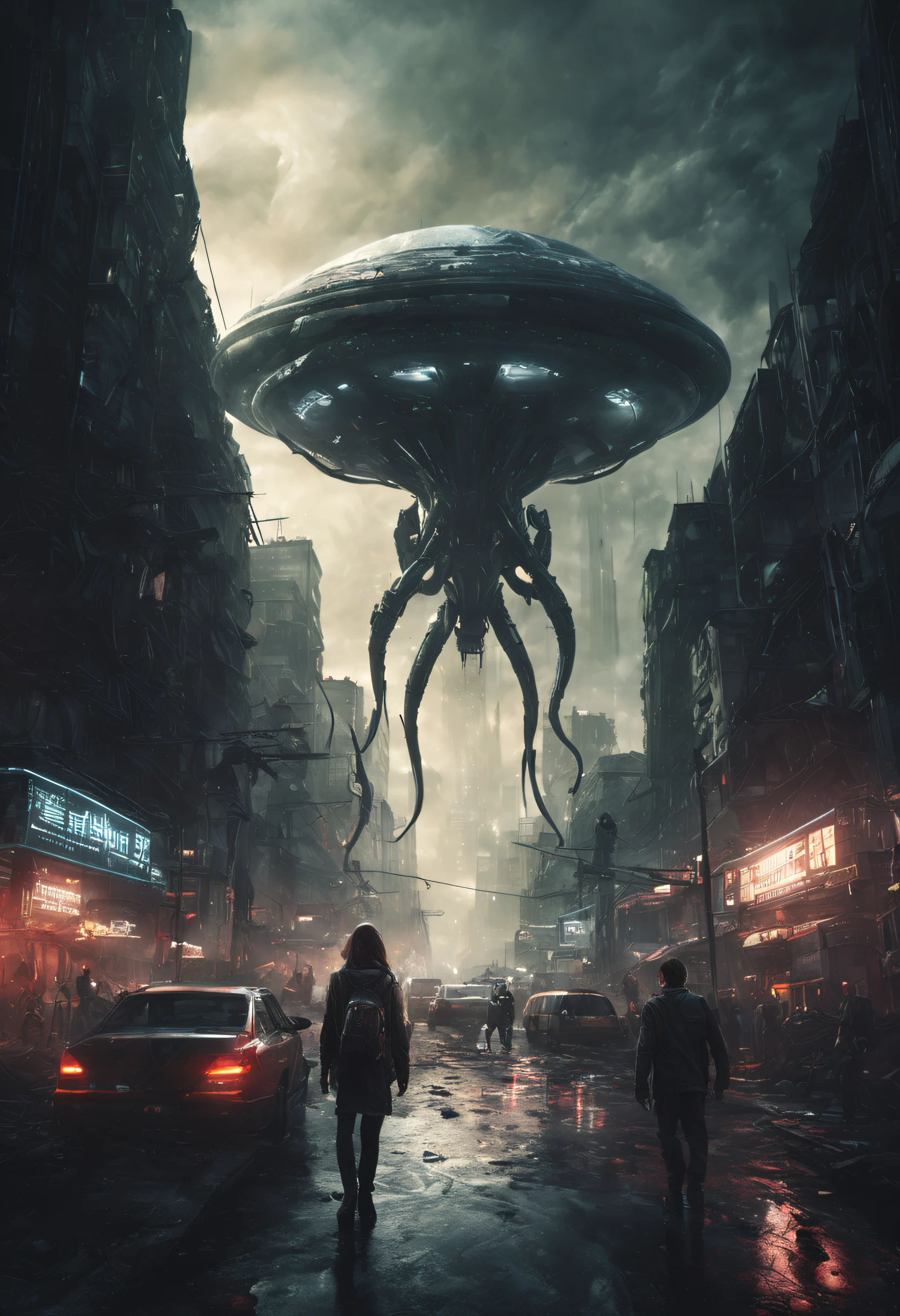 invasão alienígena com atmosfera escura, iluminação dramática, e ação intensa. Mostre poderosas criaturas extraterrestres, tecnologia avançada, Paisagem urbana cyberpunk, Civis aplaudindo, e uma sensação de tensão iminente. Gere uma imagem inquietante e imersiva que capture o caos e o terror de uma invasão sobrenatural."