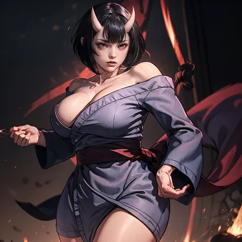 Masterpiece , highlydetailed, Hyperrealistic, fullbodyshot of Haryuu ,oni horns, short black hair, glowing red eyes, kimono off shoulder showing large breasts and clivage, perfect hands, good hands, perfect face features with seductive and serious look, pe...