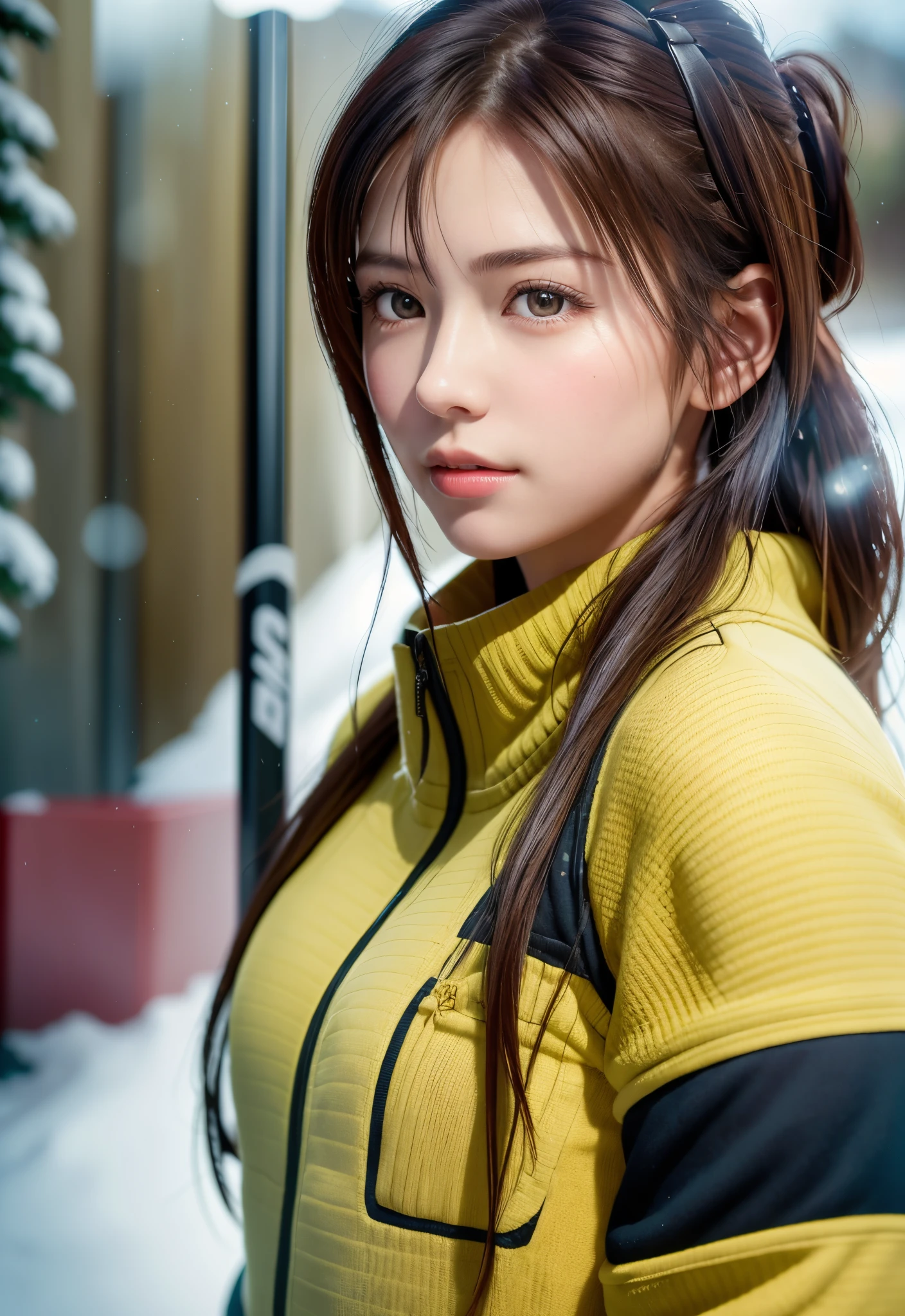 8K, of the highest quality, masutepiece:1.2), (Realistic, Photorealsitic:1.37), of the highest quality, masutepiece, Beautiful young woman, Pensive expression,、A charming、and an inviting look, skiing、snowboarder、Ski Wear, Hair tied back, Cinematic background, Light skin tone、Ski Resort Background