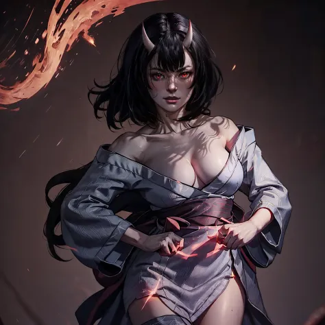 Masterpiece , highlydetailed, Hyperrealistic, fullbodyshot of Haryuu ,oni horns, short black hair, glowing red eyes, kimono off shoulder showing large breasts and clivage, perfect hands, good hands, perfect face features with seductive and serious look, pe...