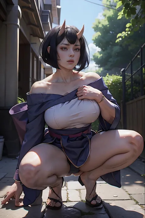 Masterpiece , highlydetailed, Hyperrealistic, fullbodyshot of Haryuu , short black hair, red glowing eyes, oni horns, kimono off shoulder showing clivageand large boobs, squatting down and looking upward, perfect hands, good hands, perfect face features wi...