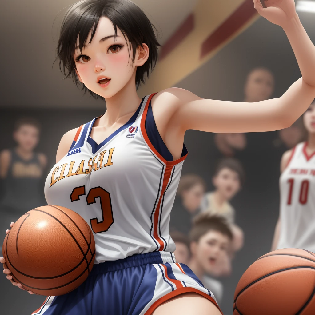 Please draw a basketball girl with boyish hairstyle and big breasts -  SeaArt AI