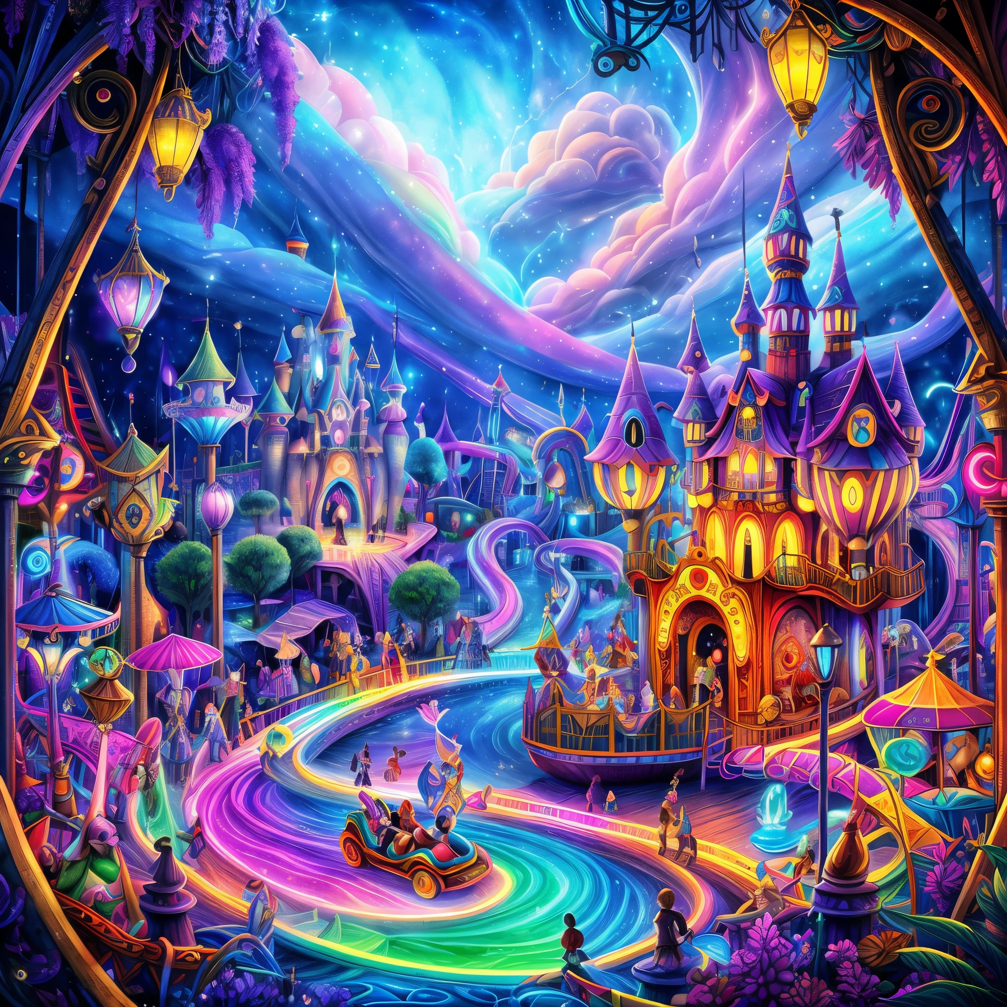 (meilleure qualité, 8k, Une haute résolution, chef-d&#39;œuvre:1.2), ultra - détaillé, (réel, de façon réaliste:1.37), couleur vive, ambiance magique, capricieux, ((parc à thème des pirates Disney, pirates des Caraïbes，fontaine et carrousel, Parc animé de la ville des pirates, Belles couleurs néon féeriques, Parc à thème Medieval Fantasy Town, Couleurs et atmosphère néon magiques, point culminant magique de l&#39;art conceptuel, art conceptuel magique, style fantastique, fantaisie magique，Le contenu est très détaillé, parc à thème Disney, Couleurs et ambiance magiques, Un parc d&#39;attractions, montagnes russes, bateaux pirates, autos tamponneuses, la grande roue, parc aquatique)), surréaliste, psychédélique, Détails compliqués, Belle texture, éthéré, comme un rêve, Lumière douce et brillante, Des motifs charmants, Créatures fantastiques, Des surprises cachées, des paysages oniriques, surréaliste color palette, Aura mystique, Réalisme ultra-réaliste, voyage enchanteur, voyage psychédélique, imagination débordante, expérience immersive, créature mystérieuse, charme d&#39;un autre monde, chemins lumineux, Illuminez le parc à thème Magic, Ciel surréaliste, capricieux theme park, une rencontre magique,Des œuvres d&#39;art fascinantes