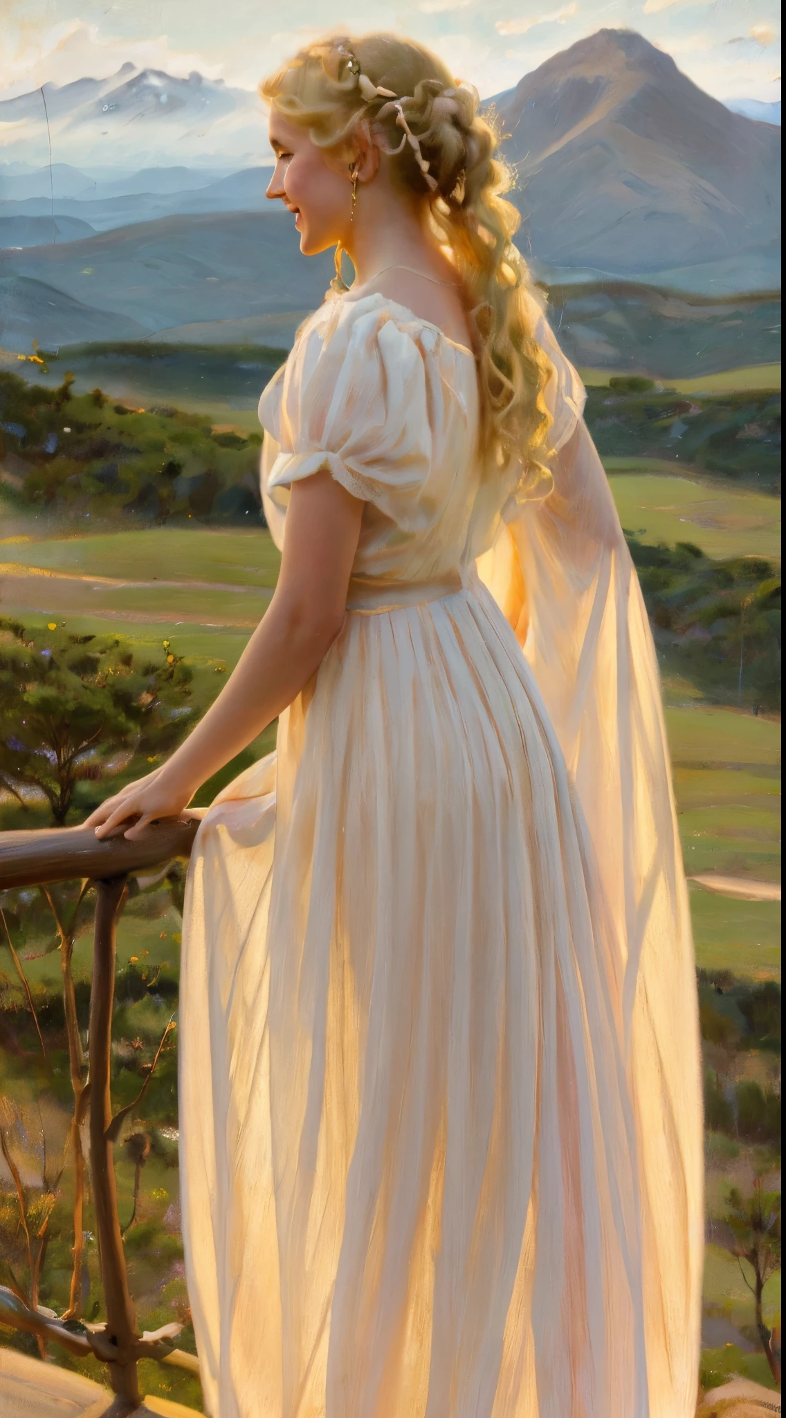 Ölgemälde , Bild eines Mädchens in einem weißen Kleid, Elfe im Kleid, Das Mädchen steht auf dem Balkon, Himmel und Berge im Hintergrund , Mädchen goldenes gewelltes Haar , beste Qualität, blonde Frau, eine Nahaufnahme von einem, Süßes lächelndes Gesicht, langes, welliges Haar, wohlgeformter Körper, pixie, Untere Perspektive, Im Hochland. Cyanfarbene Augen, Elfenohren.