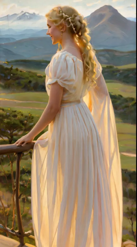 oil painting , Picture of a girl in a white dress, elf in dress, The girl is standing on the balcony, sky and mountains backgrou...