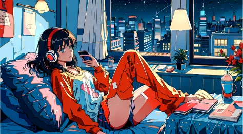 Girl listening to music in a cozy room at Christmas night, Usando fones de ouvido, Anime estilo 2D, Lo-fi, disco Rigido, Ambiente escuro