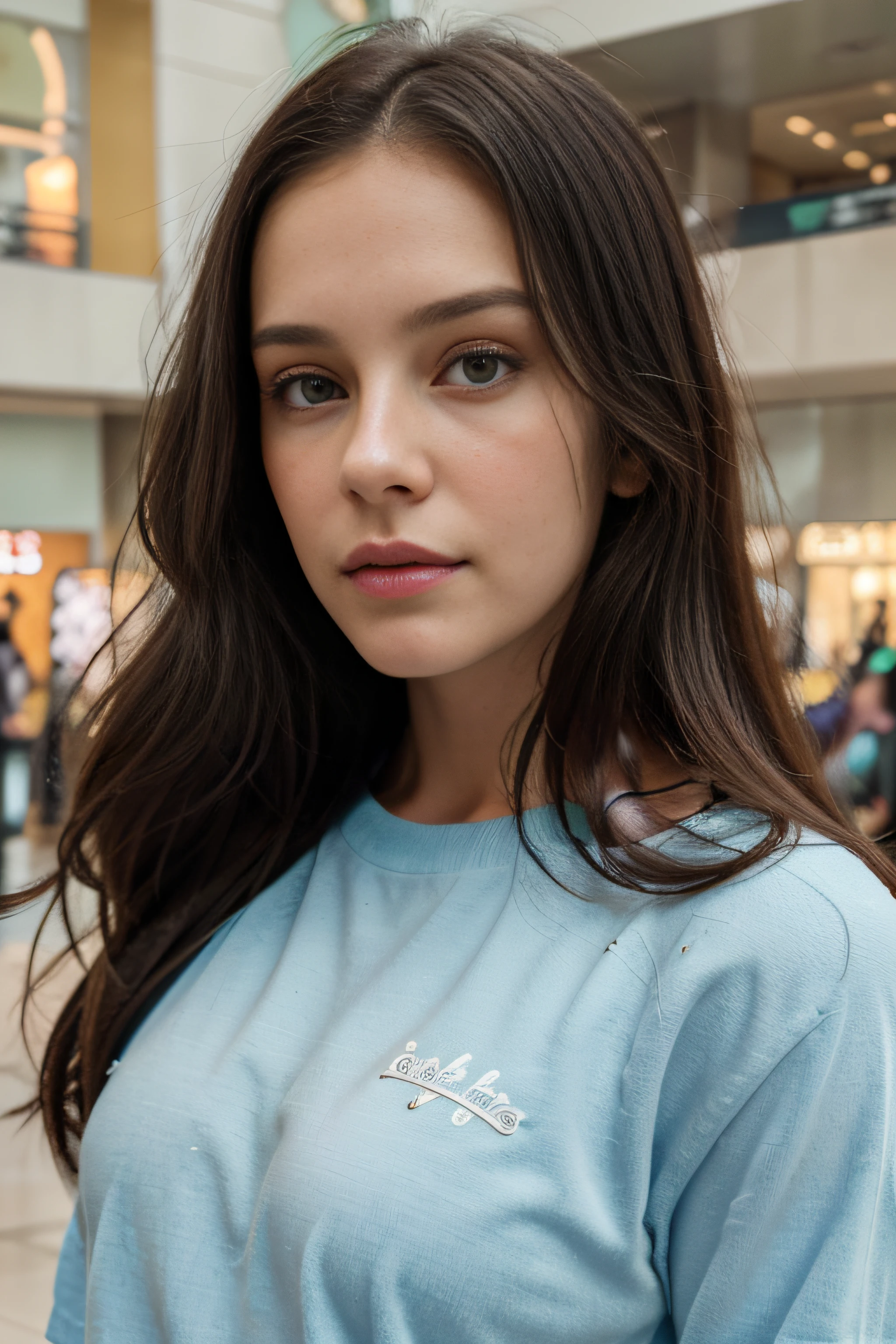 Arafed woman with long hair wearing a blue shirt and looking at the camera  - SeaArt AI