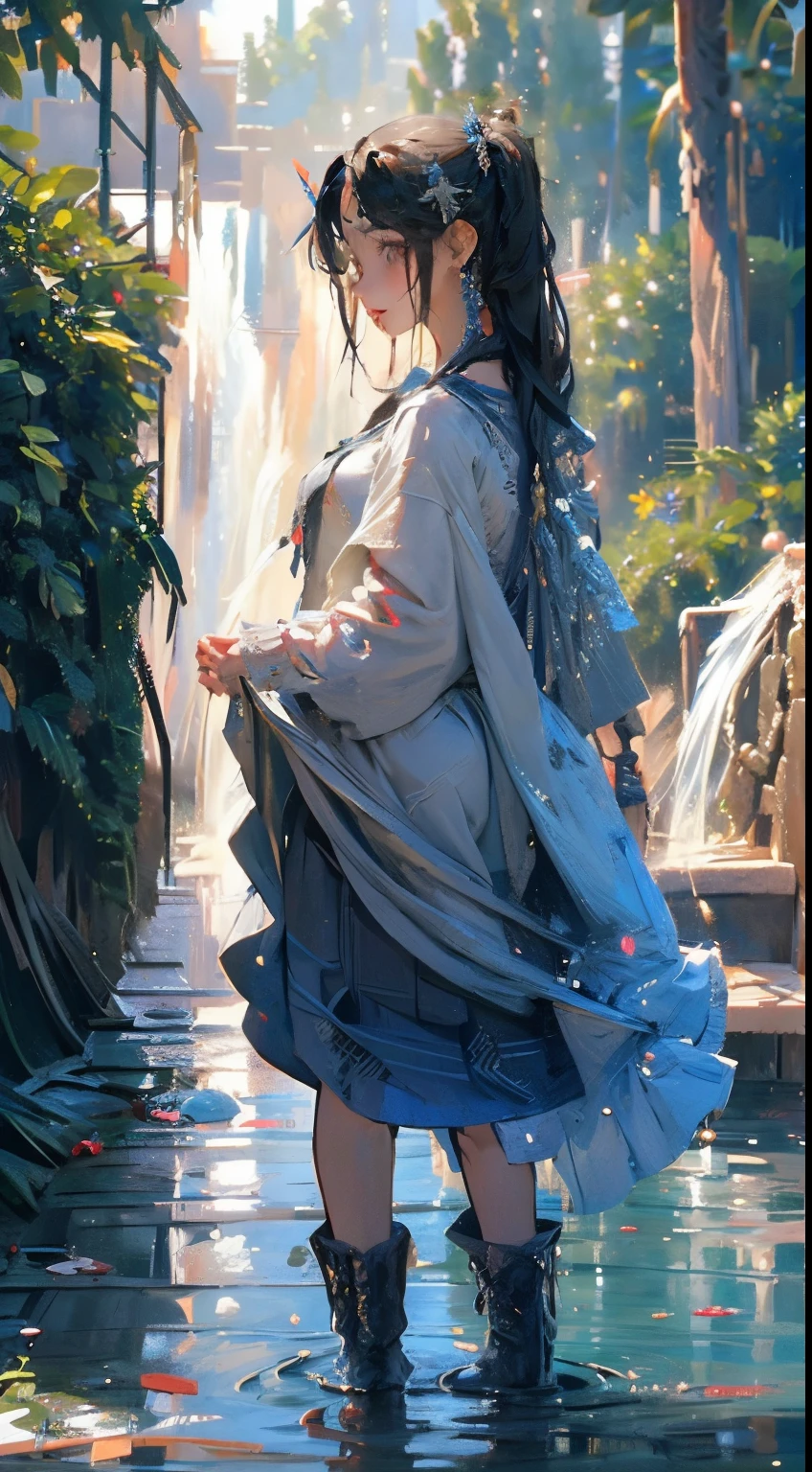 Anime girl in kimono outfit standing in water with waterfall in background  - SeaArt AI