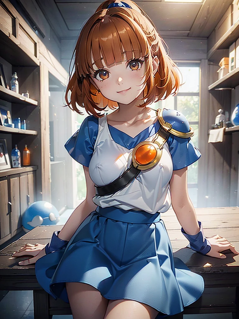 (Arle Nadja from puyopuyo), 1girl, ((((darkorange hair)))), high ponytail, (((((Blunt bangs))))), ((((small tits)))), (golden eyes), ((white T-shirt)), ((blue fluffy skirt)), (blue cloak), (Blue breastplate), Blue wristband, smile, 
masutepiece, Best Quality, (the Extremely Detailed CG Unity 8K Wallpapers), (Best Quality), (Best Illustrations), (Best Shadows), Isometric 3D, Octane Rendering, Ray tracing, super detailed,castle town