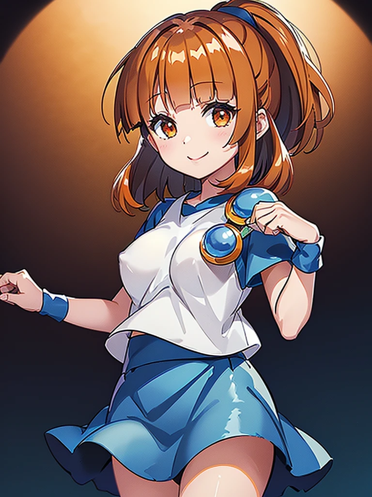 (Arle Nadja from puyopuyo), 1girl, ((((darkorange hair)))), high ponytail, (((((Blunt bangs))))), ((((small tits)))), (golden eyes), ((white T-shirt)), ((blue fluffy skirt)), (blue cloak), (Blue breastplate), Blue wristband, smile, 
masutepiece, Best Quality, (the Extremely Detailed CG Unity 8K Wallpapers), (Best Quality), (Best Illustrations), (Best Shadows), Isometric 3D, Octane Rendering, Ray tracing, super detailed,castle town