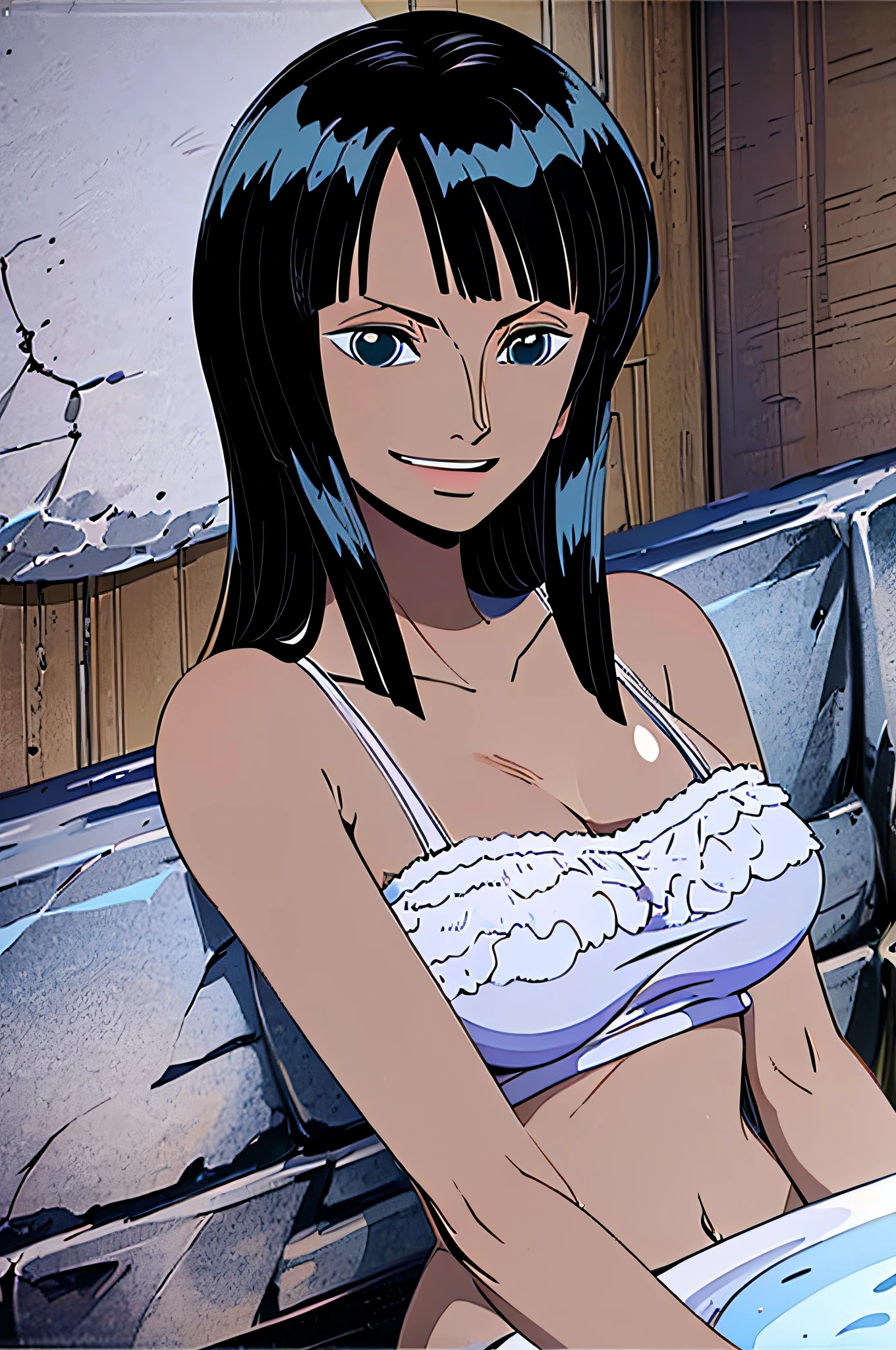 Anime girl in white bra top sitting on a couch with a bowl of water -  SeaArt AI