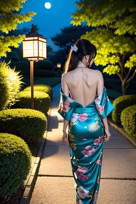 under the charming moonlight, In a peaceful Japanese garden, A beautiful woman in a half-unbuttoned kimono reveals her elegant s...