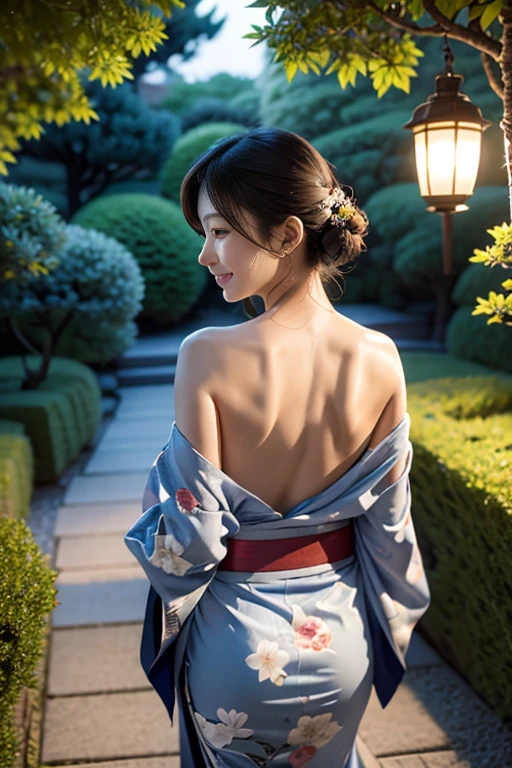 under the charming moonlight, In a peaceful Japanese garden, A beautiful woman in a half-unbuttoned kimono reveals her elegant shoulders and back. The dignified and charming eyes hide unknown secrets. As she strolled gracefully along the garden path, she occasionally stops，Show a fleeting smile to the moon. The soft light of traditional lanterns creates a charming atmosphere, as her loosely tied hair swayed gently, Adds to her elegance and charm.