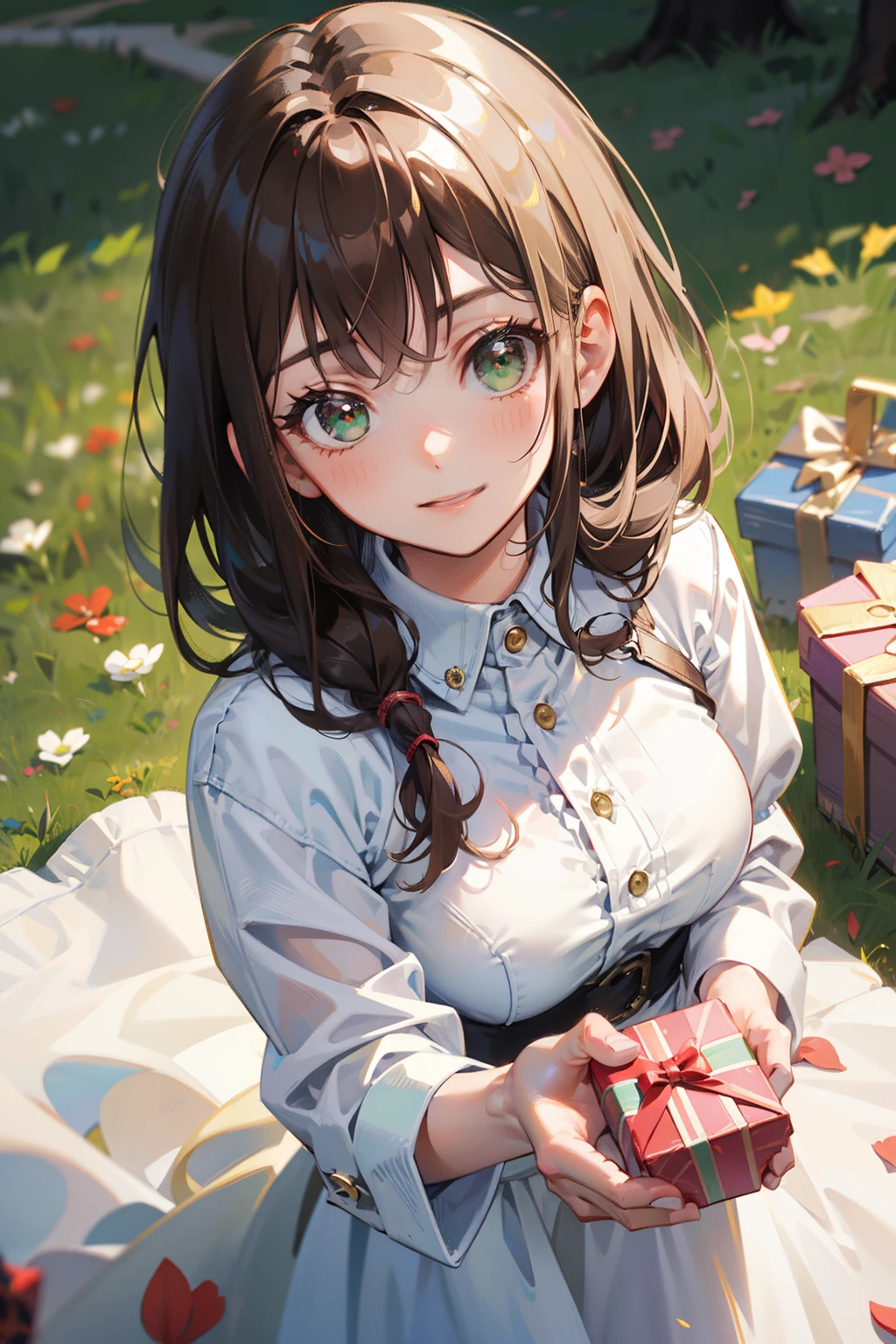 (masterpiece), best quality, ultra high res, sharp focus, mls, medium close up, from above angle, a beautiful woman, brunette brown hair, long smooth flowing hair, looks at the viewer, facing to viewer, green eyes, smiles, holds a gift for viewer