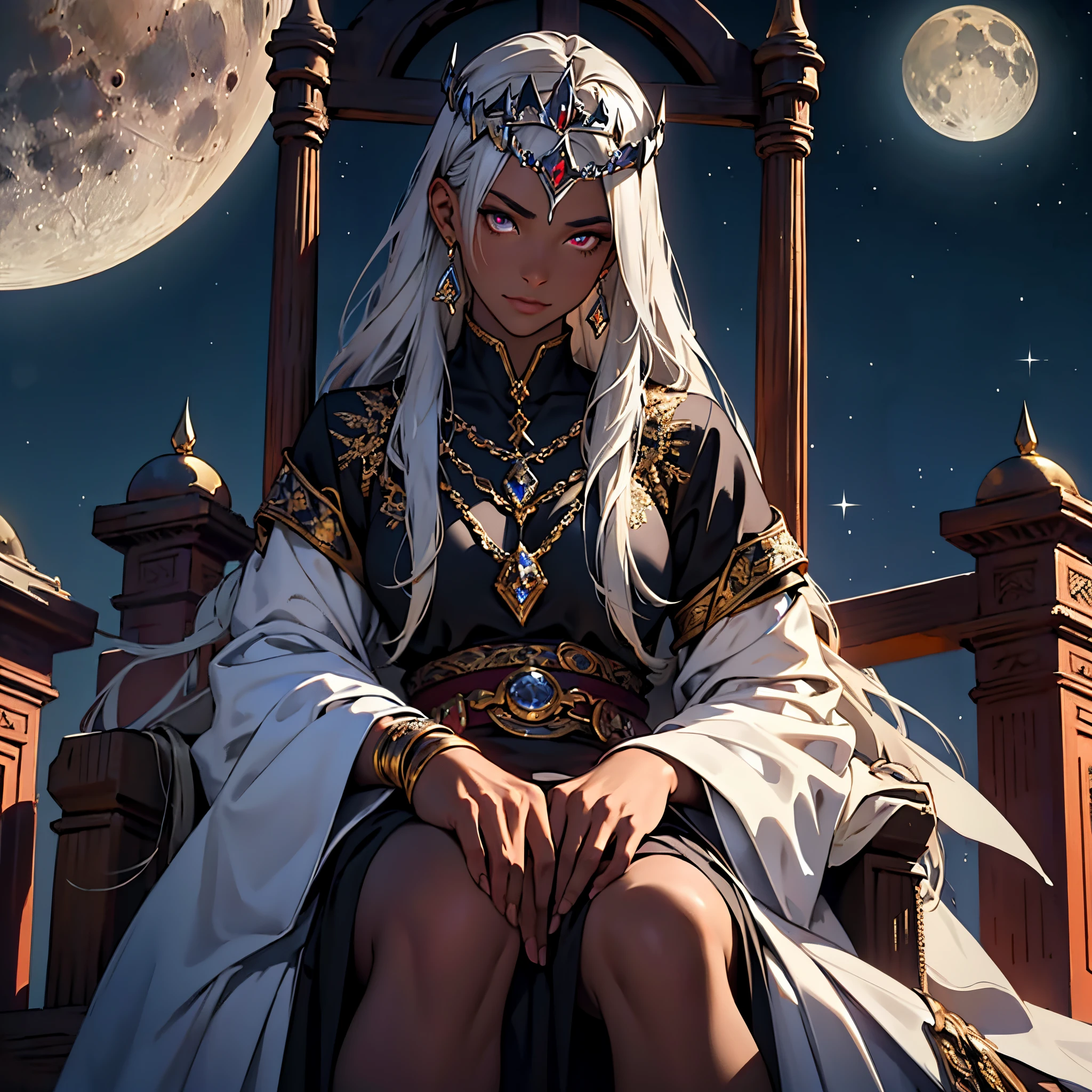 ​masterpiece, Best Quality, 4k, upper body close up, Background with: Sitting on a throne under a crescent moon in the desert night, Very detailed, Goddess with very dark skin, I have silver hair that falls down to my feet........., red pupil, tiara, The perfect human body, sparkling, flame, to a separate building