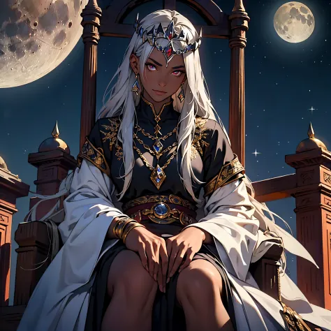 ​masterpiece, best quality, 4k, upper body close up, background with: sitting on a throne under a crescent moon in the desert ni...