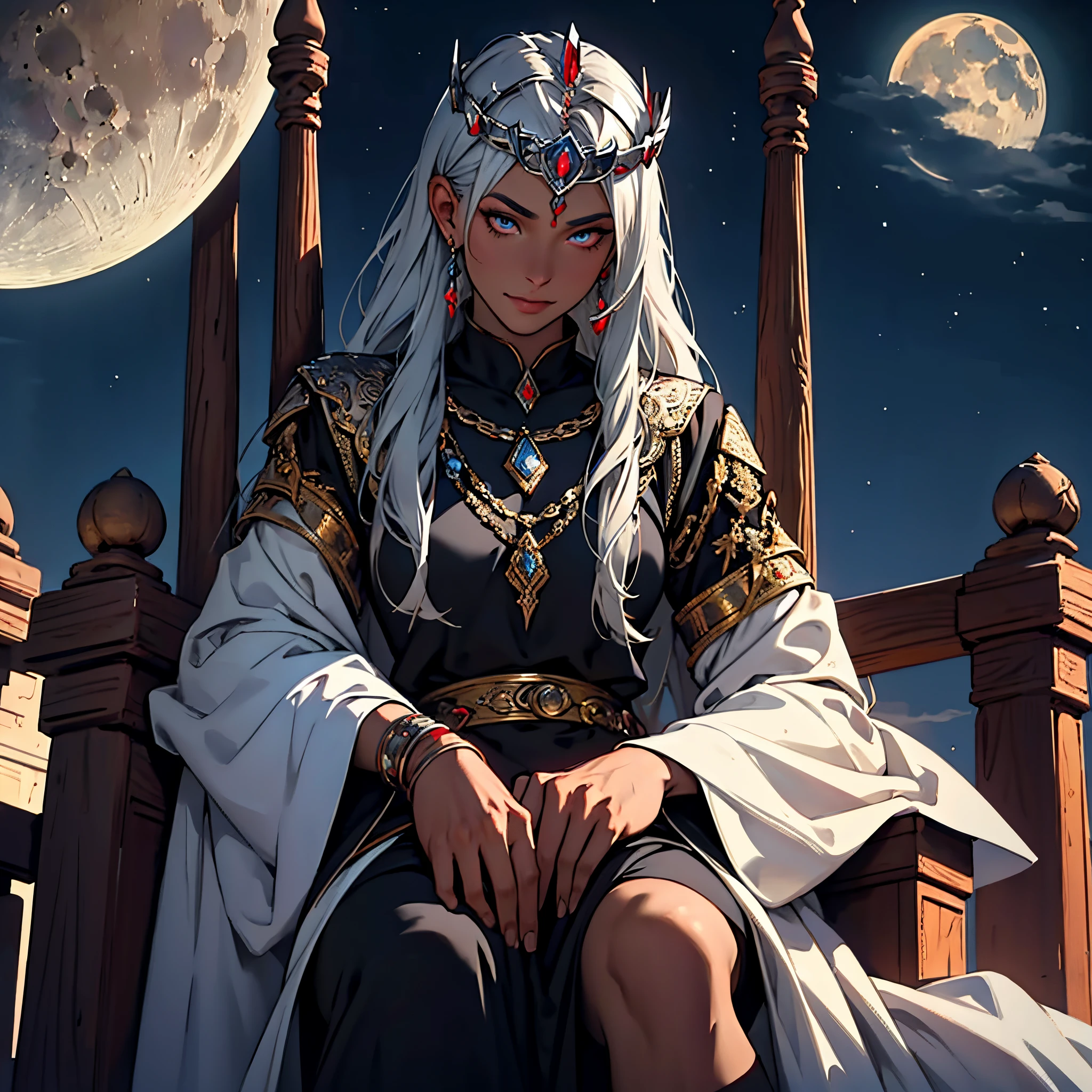 ​masterpiece, Best Quality, 4k, upper body close up, Background with: Sitting on a throne under a crescent moon in the desert night, Very detailed, Goddess with very dark skin, I have silver hair that falls down to my feet......., red pupil, tiara, The perfect human body,