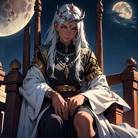 ​masterpiece, best quality, 4k, upper body close up, background with: sitting on a throne under a crescent moon in the desert ni...