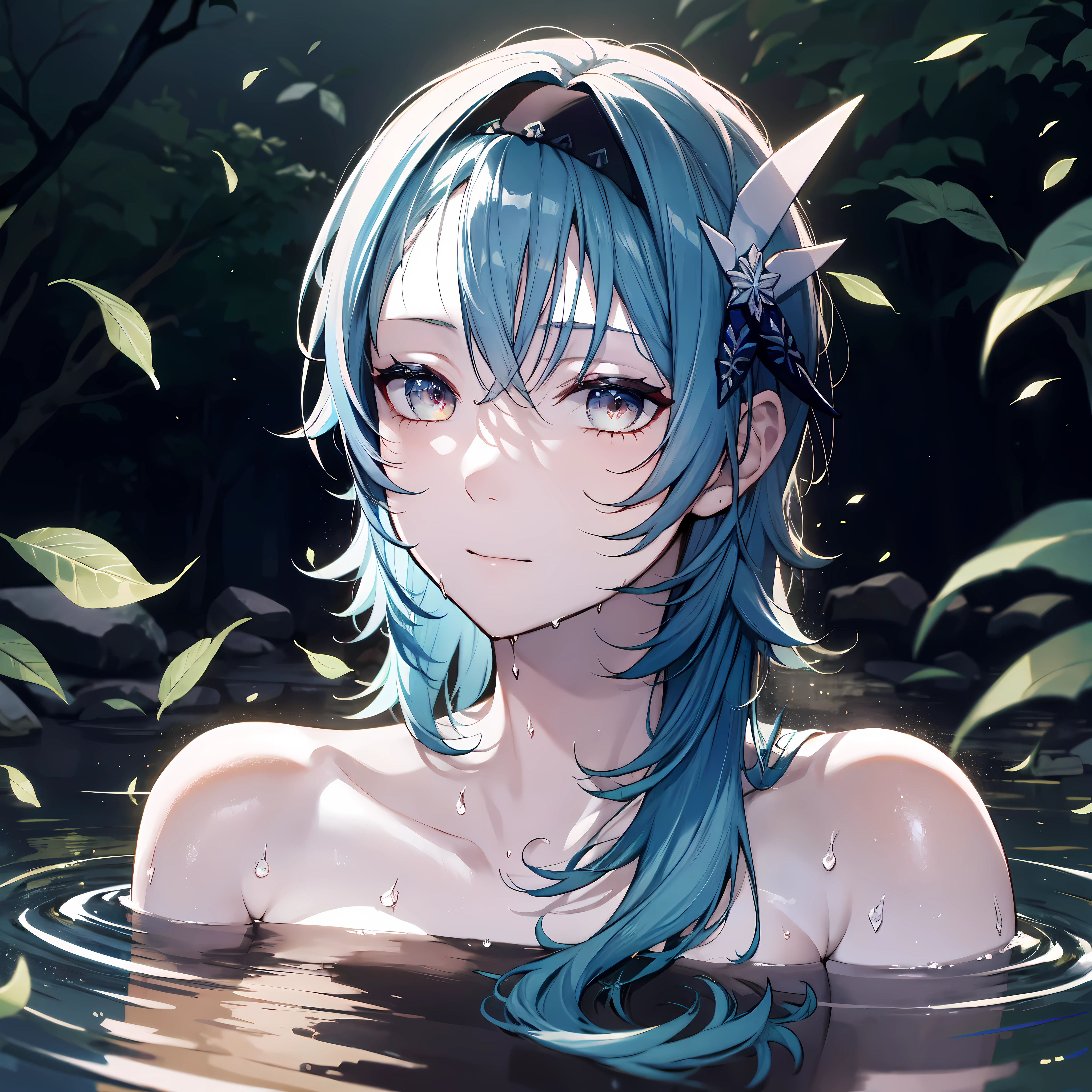 (masterpiece:1.2), (pale skin:1.2), (solo:1.2), (female:1.1), (emphasis lines:1.3), (light blue hair), (submerged), bare shoulders, collarbone, closed mouth, onsen, (wet), night, leaves, (water), hairband