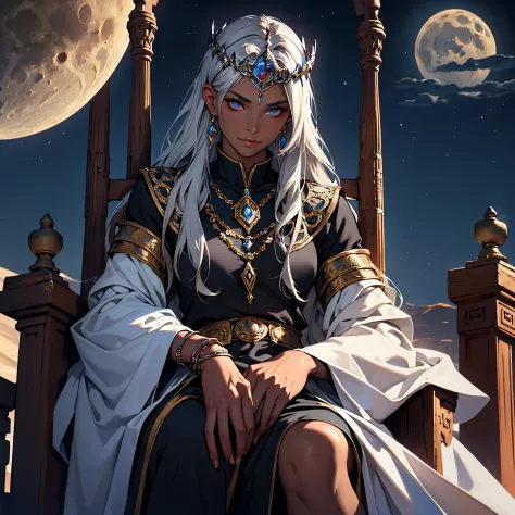 ​masterpiece, Best Quality, 4k, upper body close up, Background with: Sitting on a throne under a crescent moon in the desert ni...