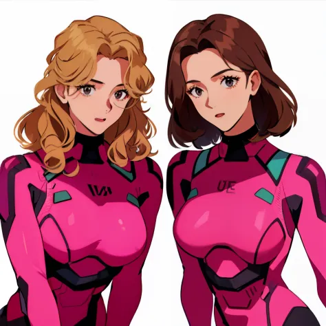 2girls, duo, twins, pink bodysuits, matching outfits, mature woman, brown hair, blonde hair, curly hair, hair down, hazel eyes, white background