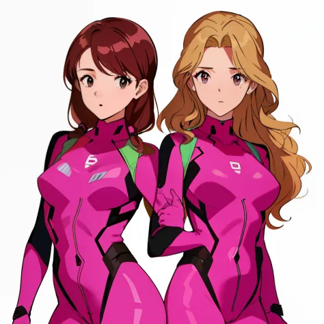 2girls, duo, twins, pink bodysuits, matching outfits, mature woman, brown hair, blonde hair, long curly hair, hair down, hazel eyes, white background