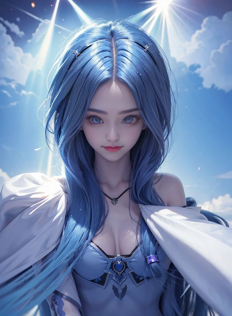 Long blue hair，Nice face，purple Bikini，Heterochromatic pupil，ssmile，rays of sunshine，Full body photo，Soft metering