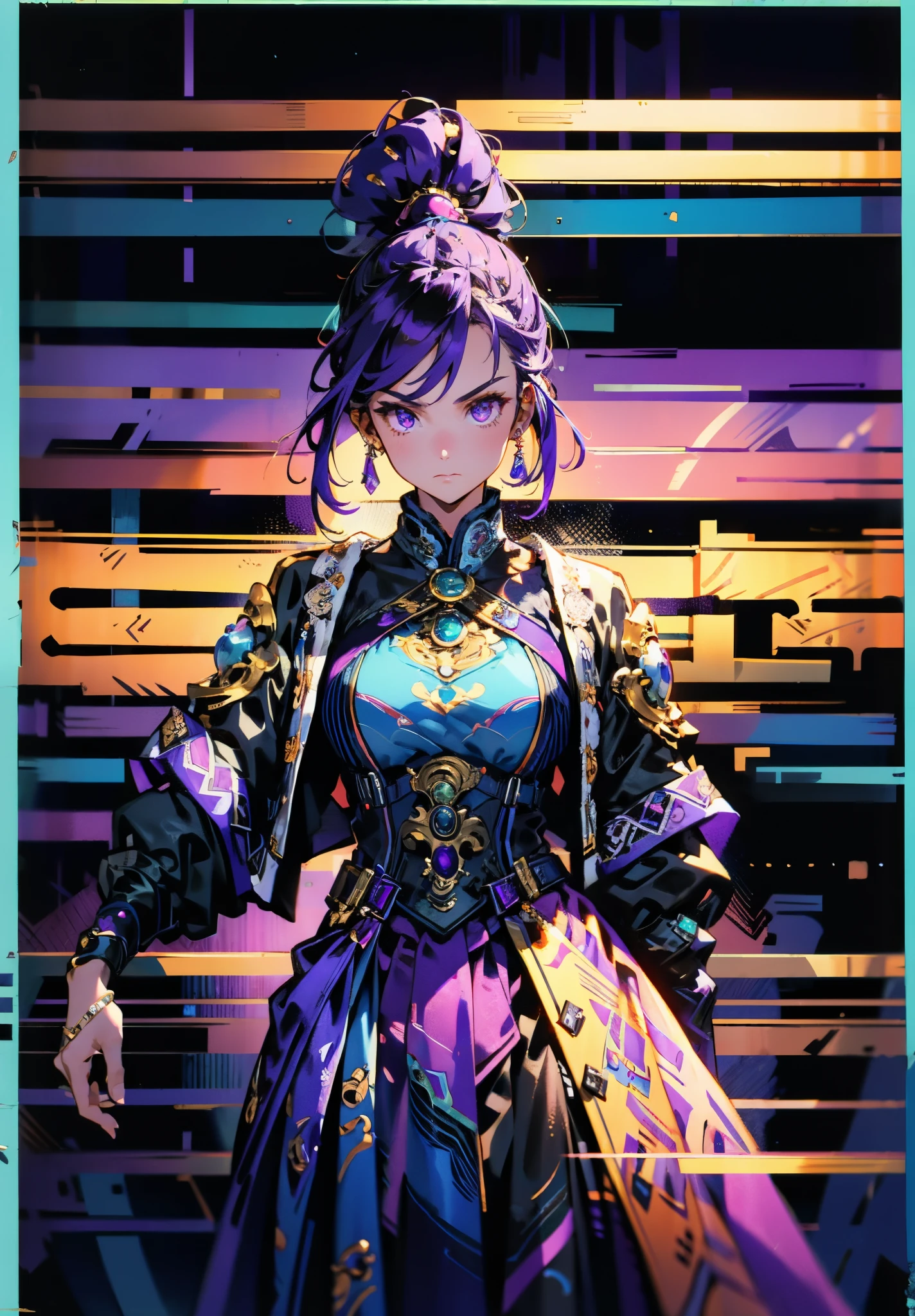 A beautiful young woman, long blue-purple hair, long bangs, ponytail, sharp gaze, a serious expression, a slender and athletic figure, a fantasy martial arts-style two-piece outfit, a fitted qipao-style long skirt, a blue-purple long cloak that almost covers her entire body, adorning her chest is an exquisite jade decorative brooch, purple mist swirls around her, a mysterious atmosphere, this character embodies a finely crafted fantasy martial arts-style female warrior in anime style, exquisite and mature manga art style, high definition, best quality, highres, ultra-detailed, ultra-fine painting, extremely delicate, professional, anatomically correct, symmetrical face, extremely detailed eyes and face, high quality eyes, creativity, RAW photo, UHD, 8k, Natural light, cinematic lighting, masterpiece-anatomy-perfect, masterpiece:1.5