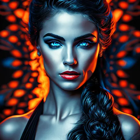 front view (beautiful Brazilian woman, blue eyes, in black dress ) artistic sharp gloomy art, (dan mumford style:1.3), hdr, real...