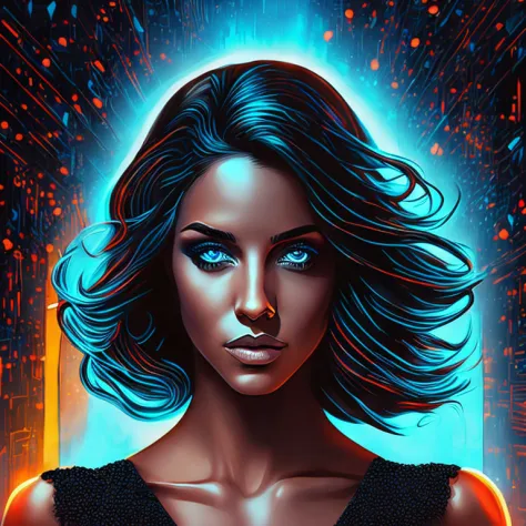 front view (beautiful Brazilian woman, blue eyes, in black dress ) artistic sharp gloomy art, (dan mumford style:1.3), hdr, real...