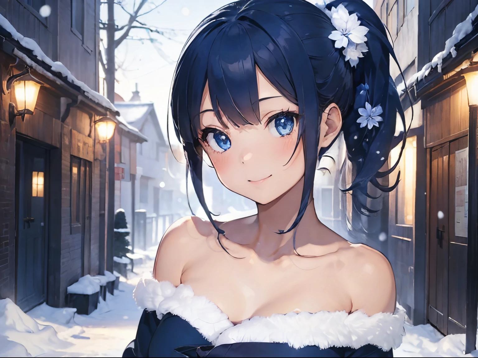 1girl, short ultramarine blue hair with waist long ponytail, blue eyes, wearing white kimono with blue petals, smiling, hands behind back, night, christmas, snowing, absurdres, high res, ultrasharp, SK, masterpiece,