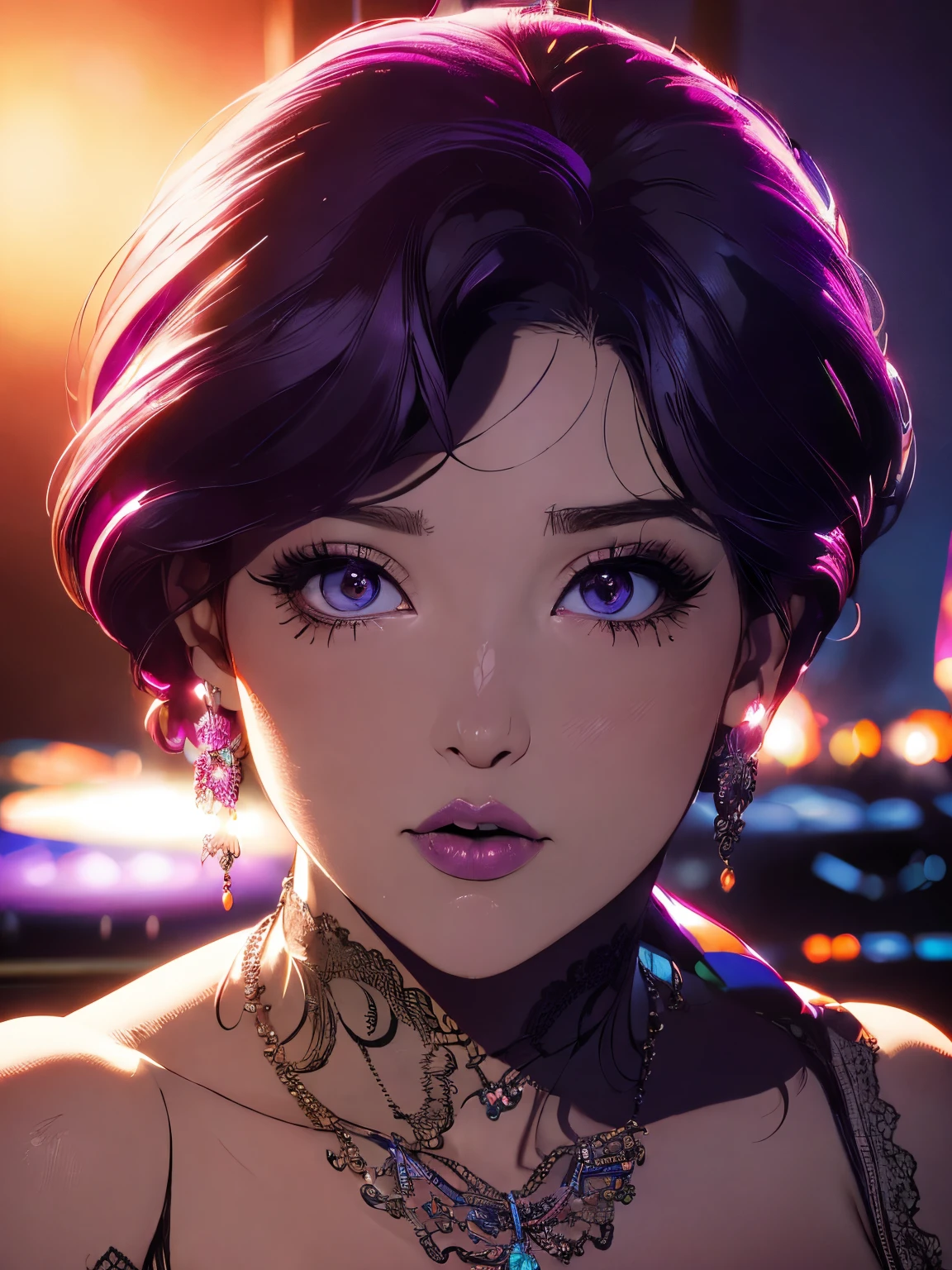 (ultra-detailed,photorealistic:1.2), HDR, professional, vivid colors, bokeh, 3D rendering, sexy curvy girl, solo, purple hair, ahegao face, big boobs, sensual, seductive pose, soft lighting, lace lingerie, high heels, boudoir photography, glamorous, confident expression, alluring gaze