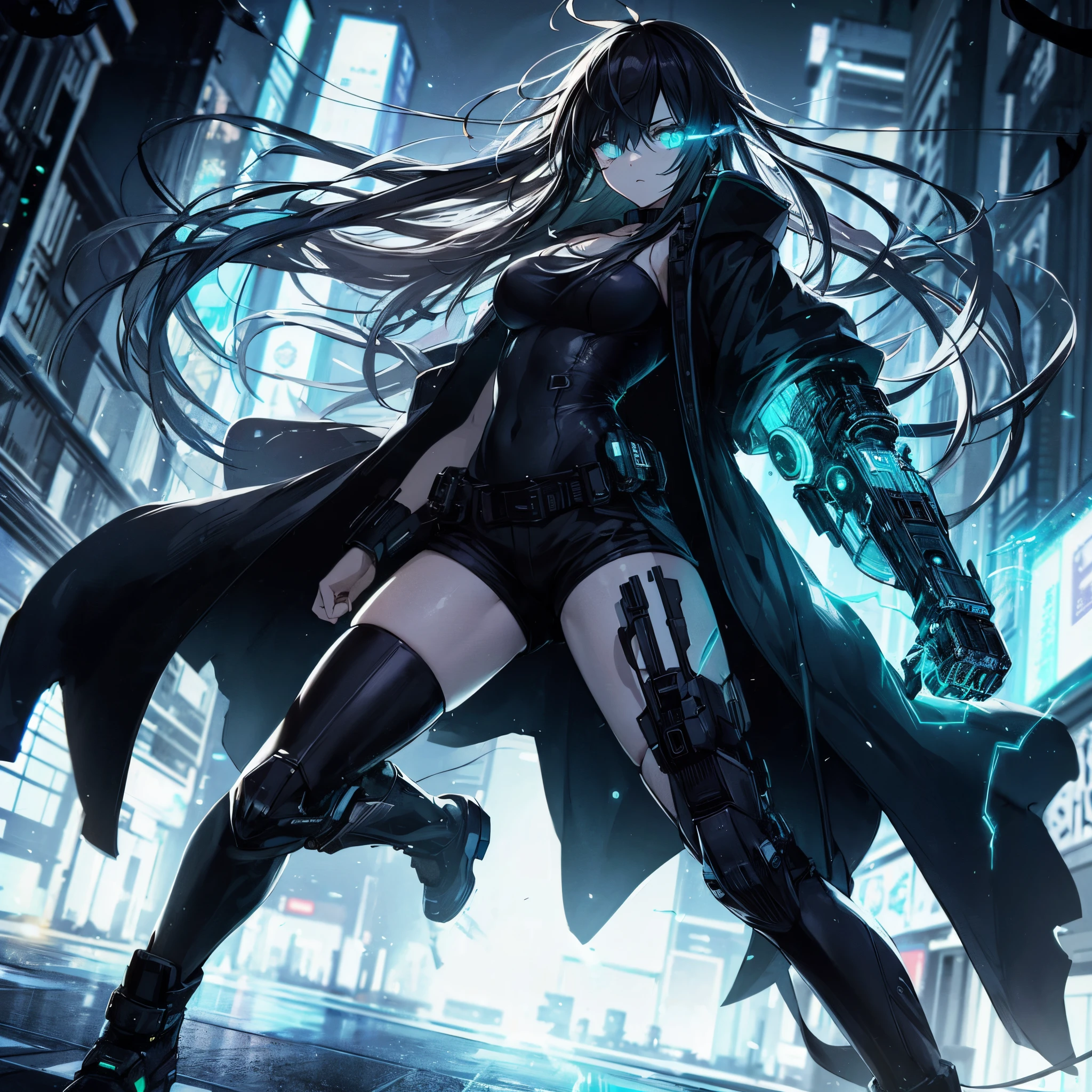 (masterpiece, Best Quality), (Perfect athlete body:1.2), (detailed hairs), Ultra-detailed, Anime style, Full body, Solo, Cyberpunk grappler girl, wearing raged black long coat and shorts, black hair, neon blue glowing left eye, mechanized left arm emits neon blue light, fighting pose, standing on night downtown, wearing long boots, 8k high resolution, white background, whole body,