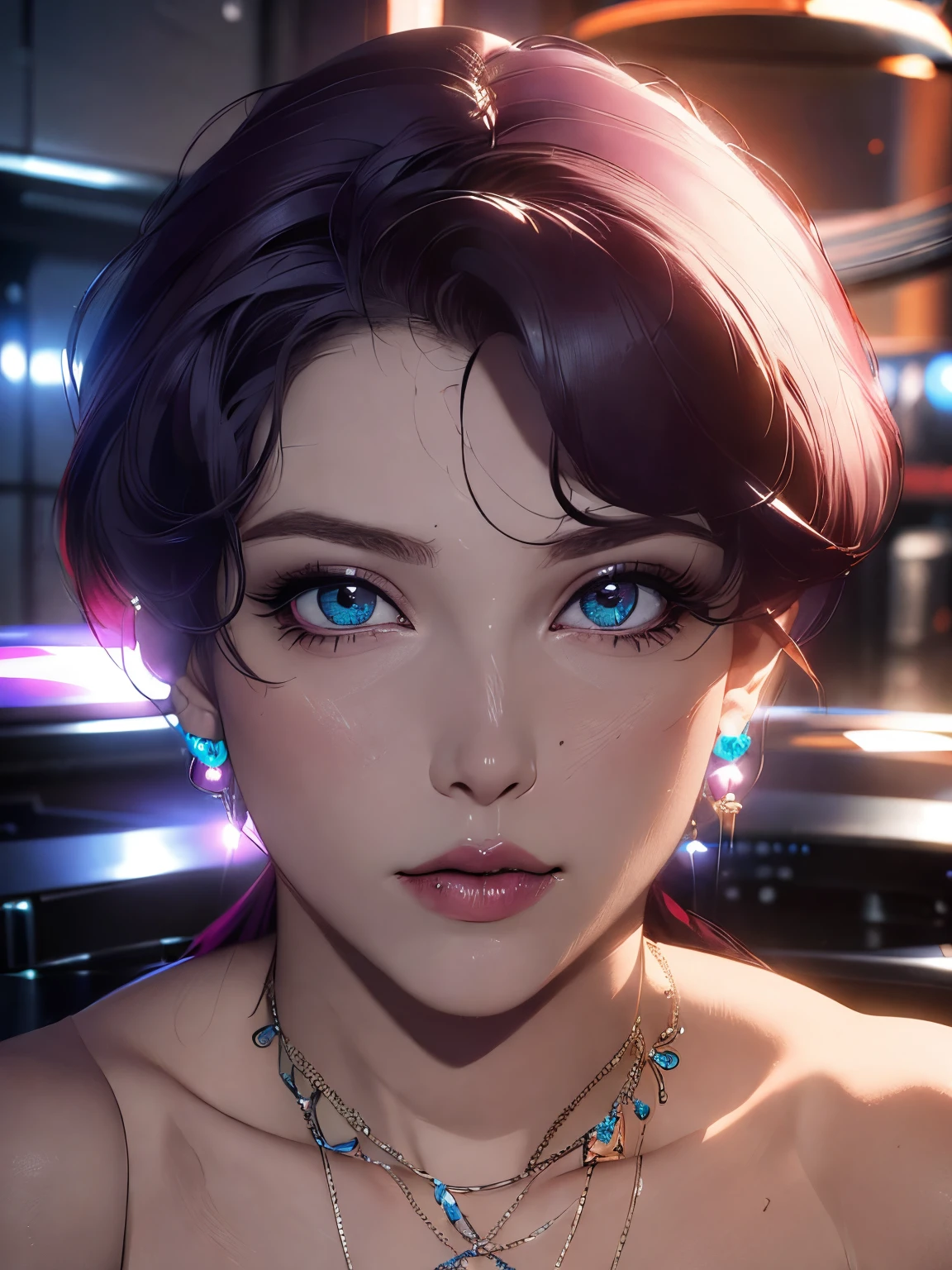 (ultra-detailed,photorealistic:1.2), HDR, professional, vivid colors, bokeh, 3D rendering, sexy curvy girl, solo, purple hair, ahegao face, big , sensual, seductive pose, soft lighting, lace lingerie, high heels, boudoir photography, glamorous, confident expression, alluring gaze