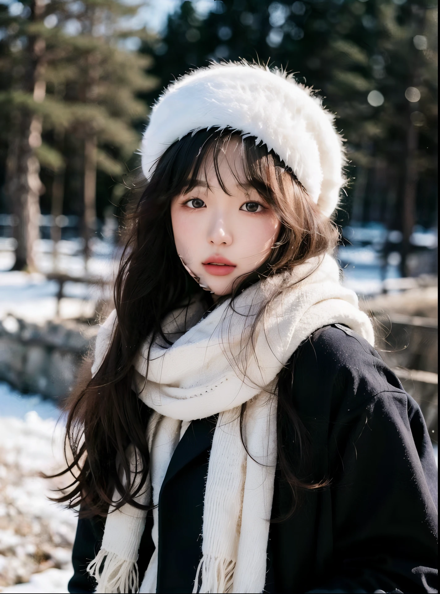 Close-up of a woman wearing a white hat and scarf, ulzzangs, Korean girls, beautiful Korean women, beautiful young korean woman, Young and cute Korean face, gorgeous young korean woman, korean woman, Baiji haircut hairstyle, Korean female fashion model, Cute Korean face, White scarf, fair skin, young and cute girl