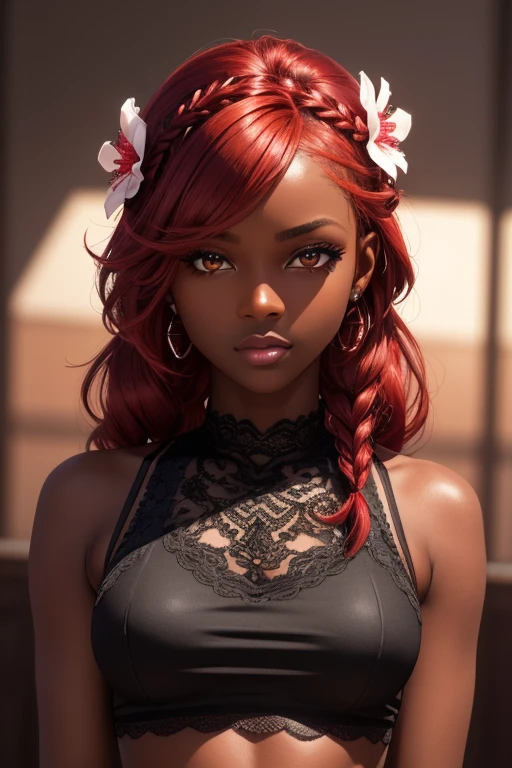 lip gloss, eyelashes, glossy side, shiny black skin, dark skin, best quality, ultra-high resolution, depth of field, chromatic aberration, caustic, wide light, natural shadow, red hair, french braid, fully body, whole body, crop top, lace, hair flower