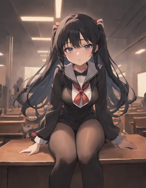 hi-school girl,Long black hair,tits out,Sitting on a desk,She is wearing black stockings and opening her thighs.,A little shy face,a sailor suit,an animated character,Anime style,1.0