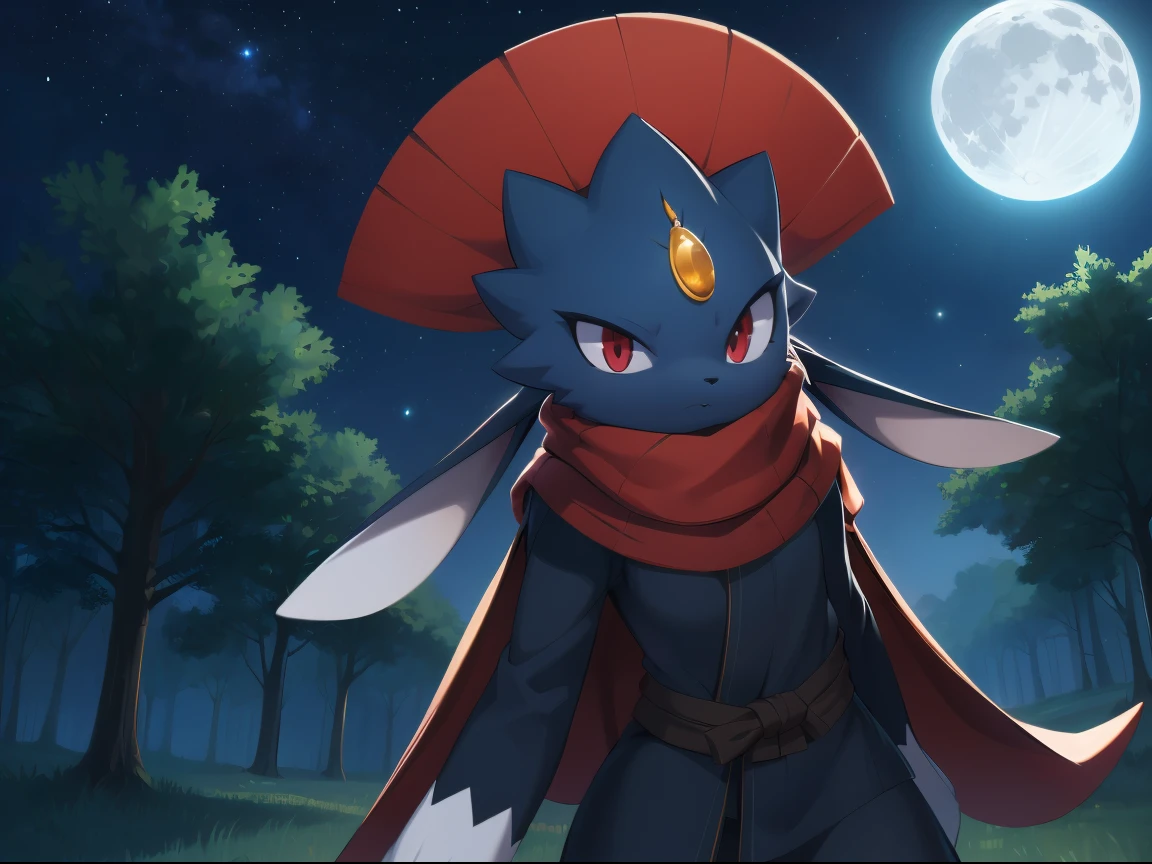 Weavile, bluish fur, orange gem, red eyes, standing, long scarf, black ninja outfit, trees, midnight, moon, stars,  epic, cinematic lighting, volume lighting, bright tone, warm color, colorful, masterpiece, super detail, high quality, best quality, highres, 16k, uploaded on e621,