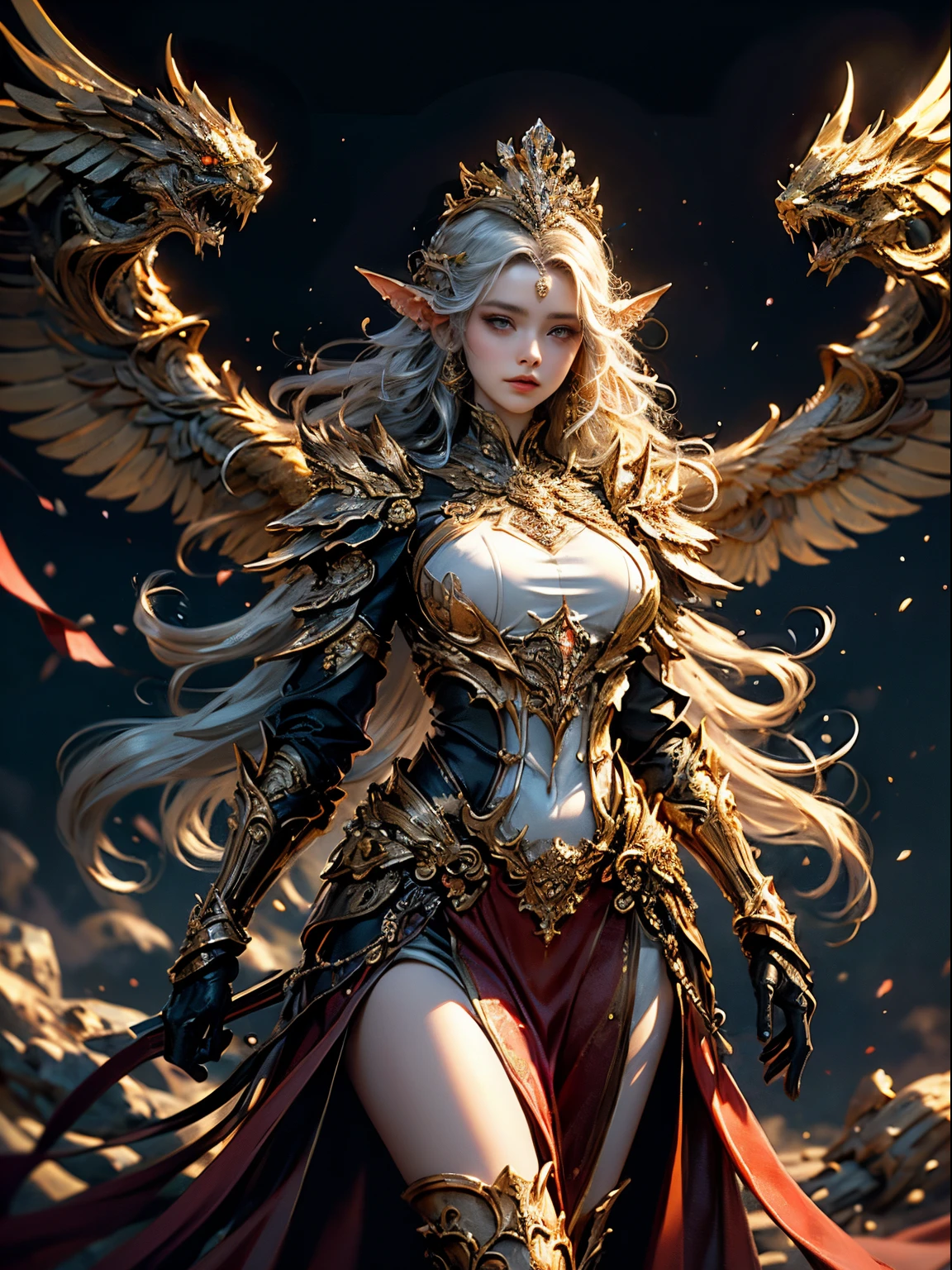 Elven woman in a golden transparent dress,view the viewer,(((Breasts huge, cleavage large))),Waist slender,(umbigo baring,bare waist), Elven girl in shining armor, Beautiful gold and silver armor, extremely detaild, Tiara and exquisite jewelry, long, shapeless hair, ultra detali, Zhenyi Station, Storm location, detailed fantasy art, stunning character art, Beautiful and exquisite character art, crystal jewelry filigree, milky ways, stunning visuals, (dynamic streaks, light trails:1.2), swirly vibrant colors, Cinematic lighting.