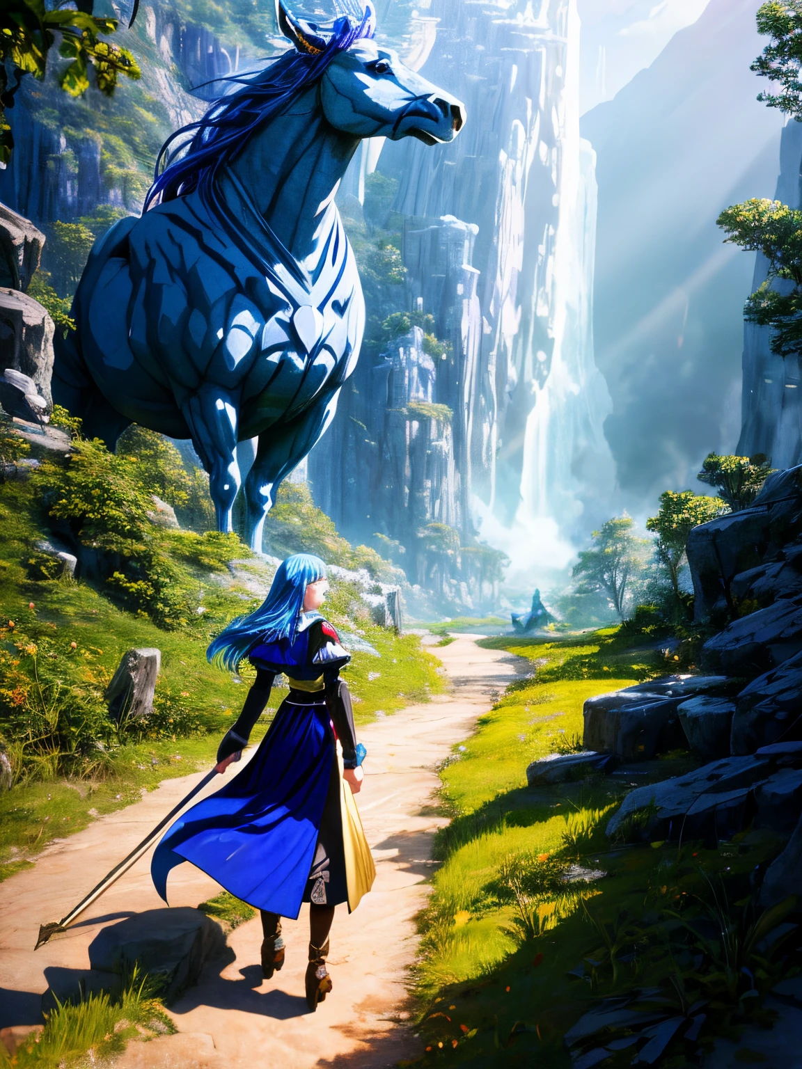 (best quality,4k,highres),anime style woman,blue hair,short medieval fantasy style clothes,red ribbon in her hair,small breasts,blue bodice,looking at the viewer,huge creature in the background,vibrant colors,lush greenery,dynamic lighting,smooth lines,expressive eyes,detailed facial features,flowing hair,soft shadows,enchanted atmosphere,epic fantasy landscape,mythical creature silhouette,uniquely stylized,contrasting elements,eye-catching composition,fantasy adventure vibes,dramatic perspective，majestic scale,impressive details.