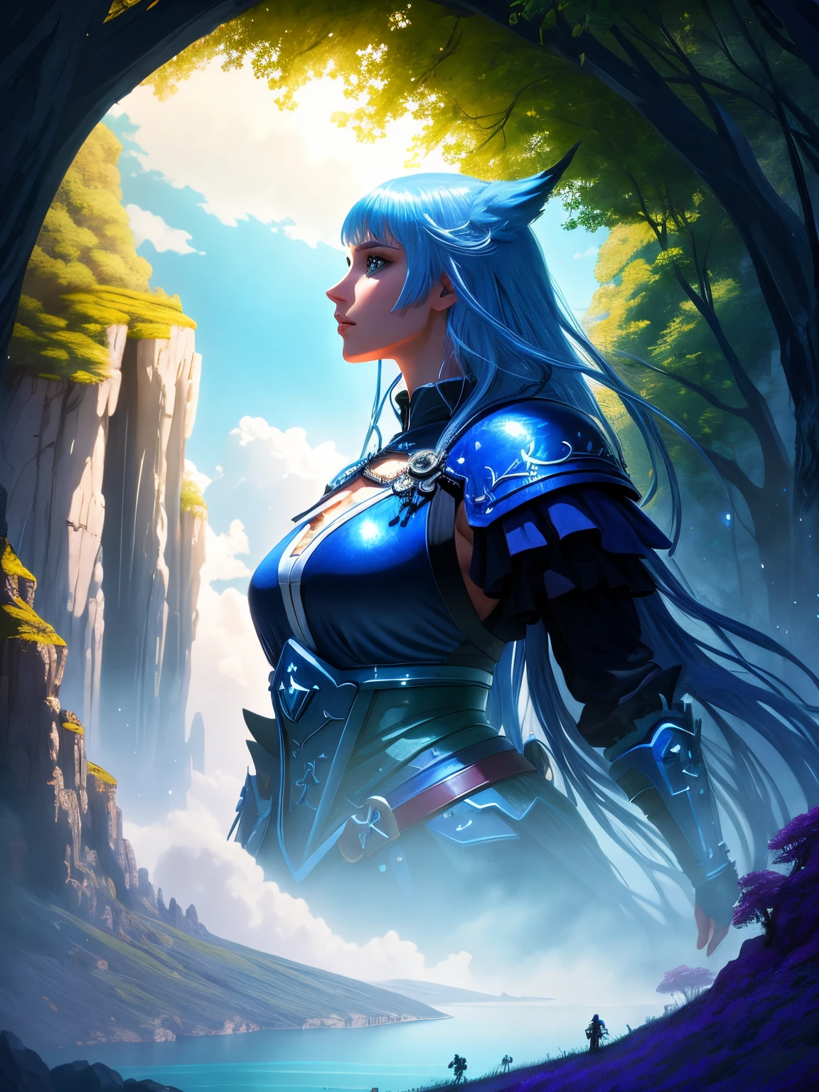 (best quality,4k,highres),anime style woman,blue hair,short medieval fantasy style clothes,red ribbon in her hair,small breasts,blue bodice,looking at the viewer,huge creature in the background,vibrant colors,lush greenery,dynamic lighting,smooth lines,expressive eyes,detailed facial features,flowing hair,soft shadows,enchanted atmosphere,epic fantasy landscape,mythical creature silhouette,uniquely stylized,contrasting elements,eye-catching composition,fantasy adventure vibes,dramatic perspective，majestic scale,impressive details.