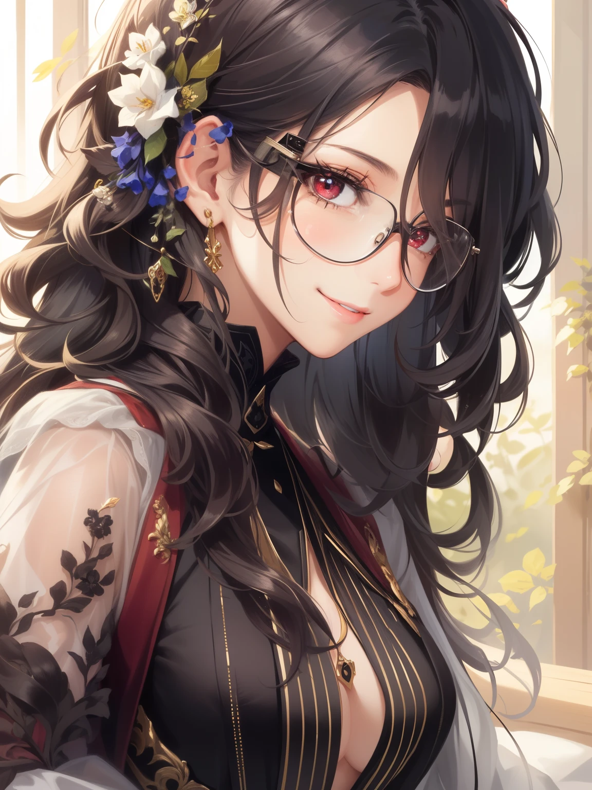 (masterpiece), (best quality), (ultra-detailed), 1girl, White hairs, red eyes, Transparent glasses, Cute smile, Beautiful, Detailed eyes, Detailed face, Detailed hands