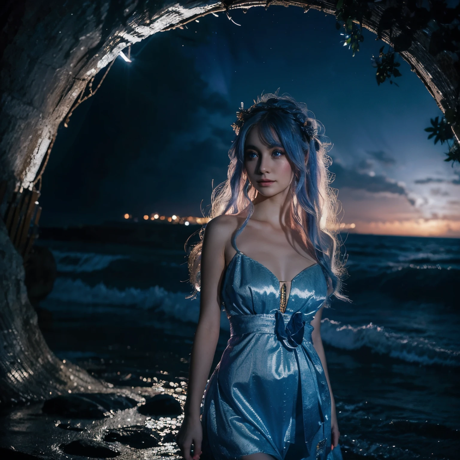 A celestial maiden, her stardust hair framing eyes that mirror the night sky's mysteries, donning a shimmering moonlight dress that cascades like a celestial waterfall, radiating an enchanting aura wherever she wanders.