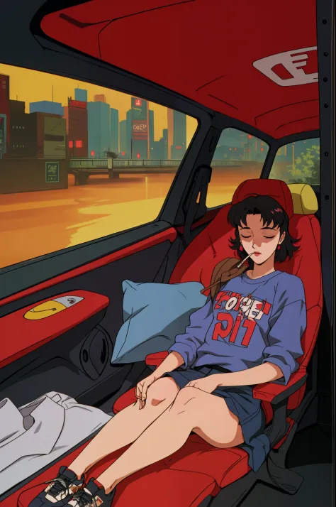 80s citypop JDM scene with a underground tokyo drift female stoner stoned smoking cig biss blissful passed out in causal clothing casual recline on ferrari f50 lofi vibe  evangelion anime style