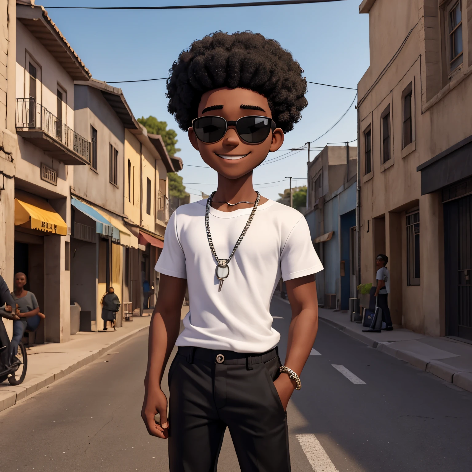 A black 18 year old boy in the middle of the dark city, with a evil smile in got sun glasses, white T shirt and black pants with a chain and he’s a afro and showing his money