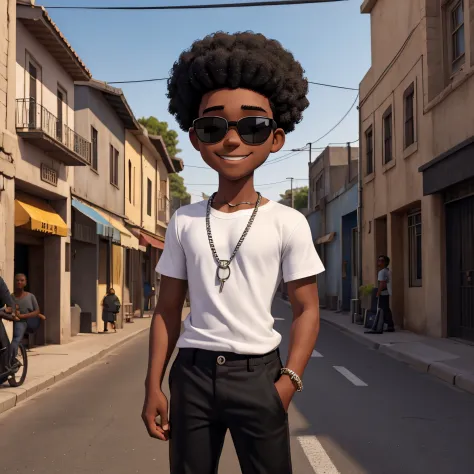 A black 18 year old boy in the middle of the dark city, with a evil smile in got sun glasses, white T shirt and black pants with...